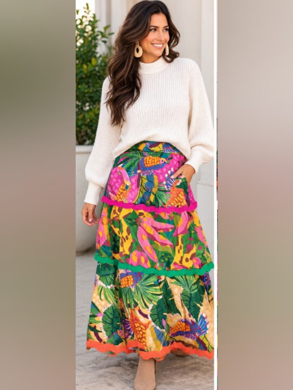 FARM RIO Vibrant Print Tiered Maxi Skirt 🌴🌺